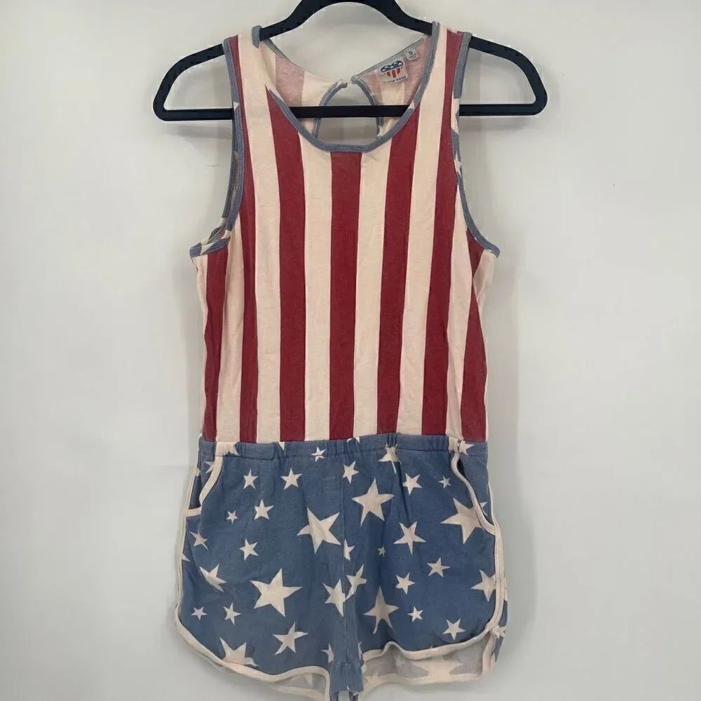 Junk Food Women's Patriotic Americana Elastic Waist Short Romper with Pockets S